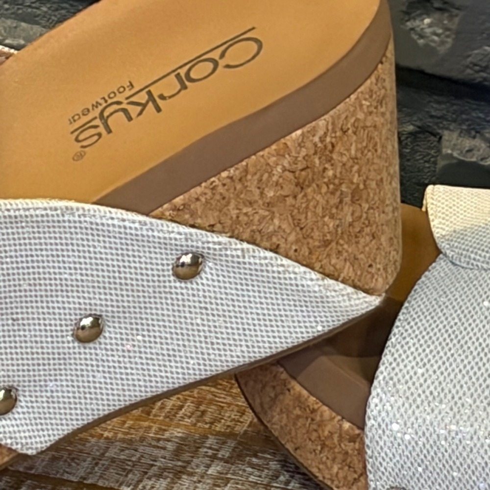 Corkys Bonny Womens White Shimmer Studded Cork Wedge Platform Slide Sandals 8 - Picture 4 of 7